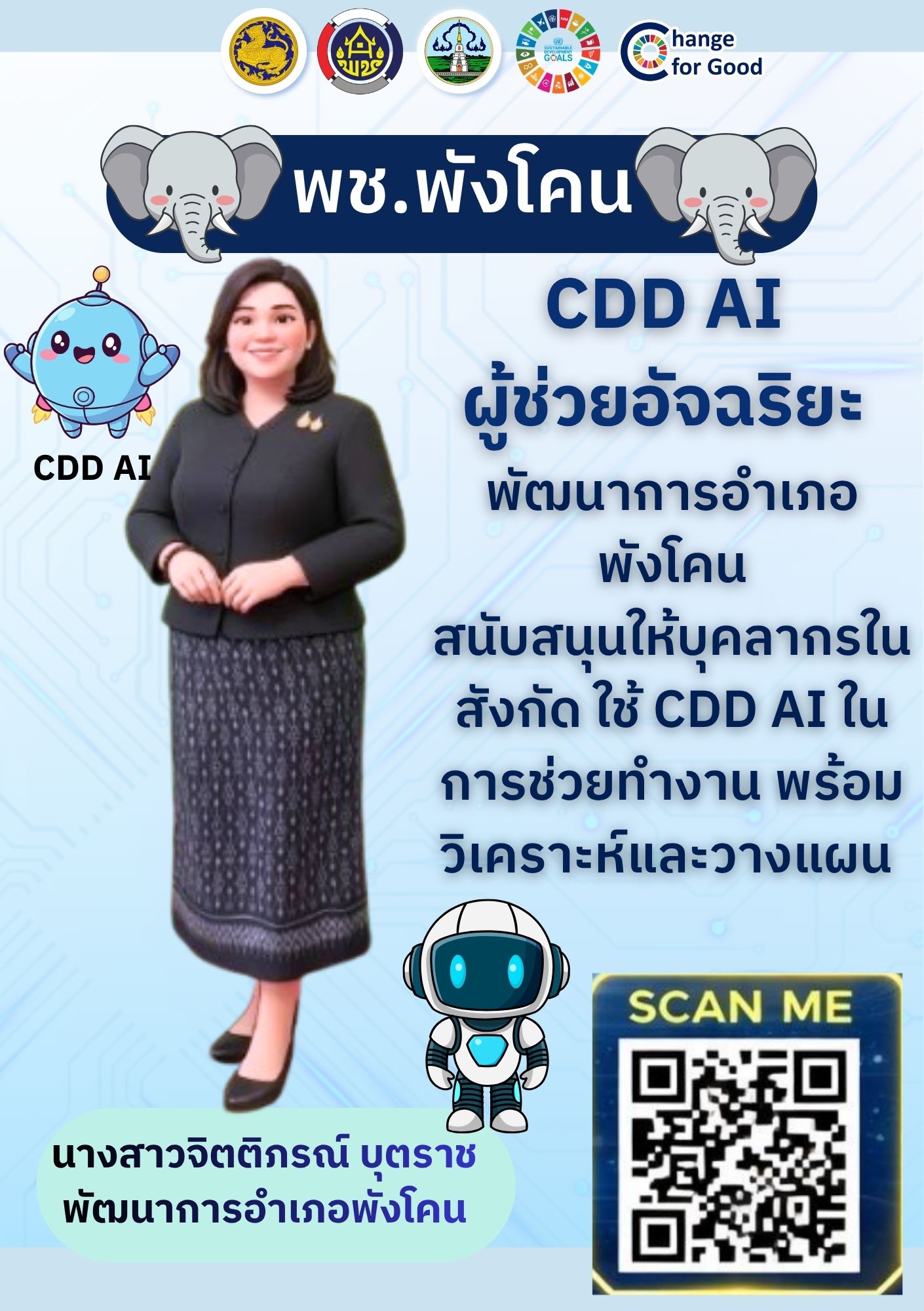 พช.พังโคน  ได้นําระบบ CDD AI มาใช้งานเป็นเครื่องมือสนับสนุนการ ทำงาน ขับเคลื่อนงานพัฒนาชุมชนให้มีประสิทธิภาพยิ่งขึ้น ครอบคลุมทุกมิติ